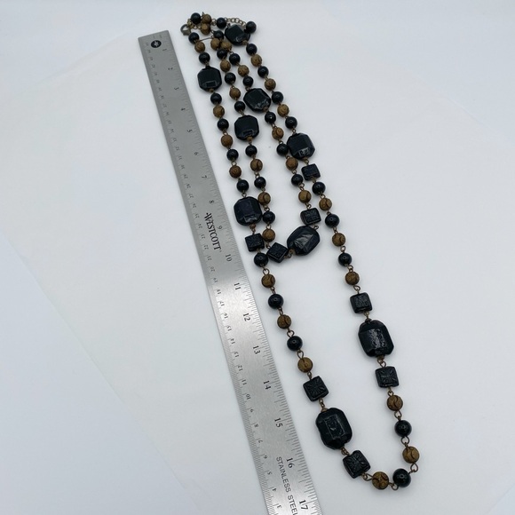 Long Black Ceramic, Acrylic & Bronze Color Beaded Two Strand Necklace - Picture 7 of 9